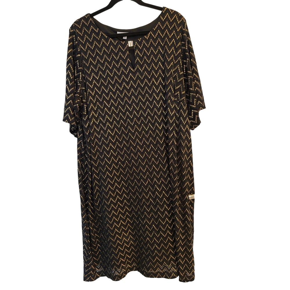 Studio One New York Metallic Chevron Shift Dress Black Gold Plus Size 22W